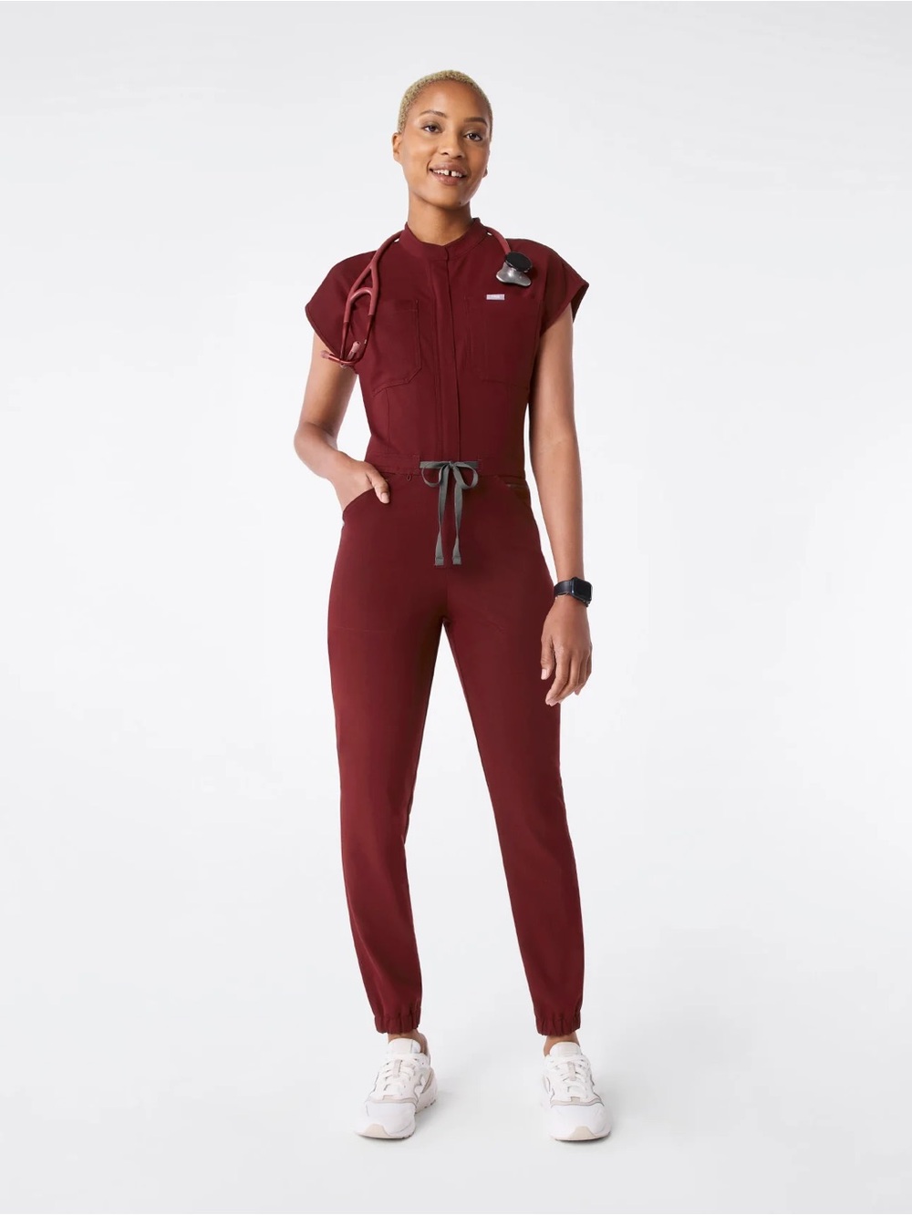 Figs Burgundy Short-Sleeve Zip Jumpsuit with Drawstring Waist